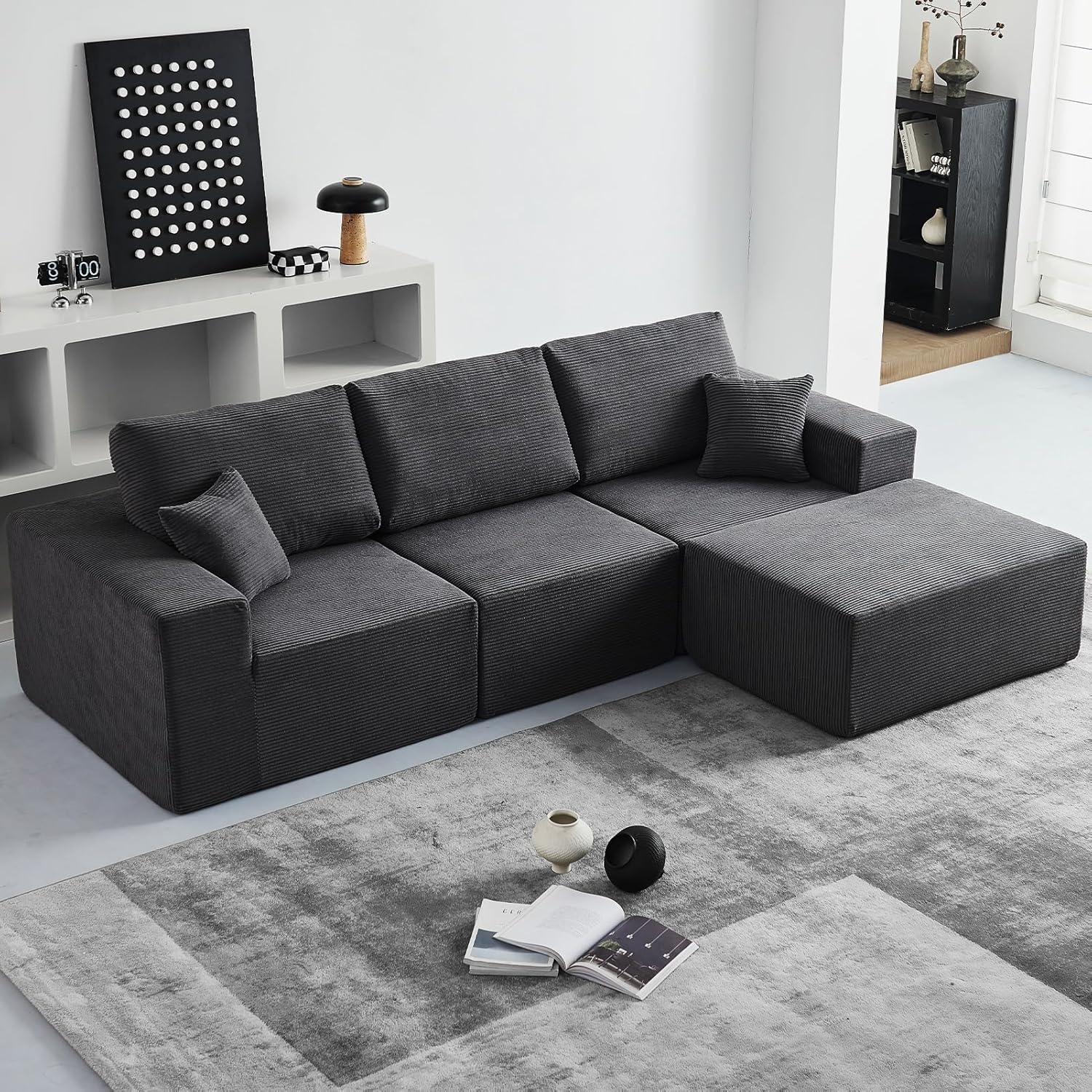 (Similar )INGEROOM 108\" Cloud Sectional Couch, Modular Sectional Sofa with L-Shaped Chaise, Modern Plush Corduroy Couch for Living Room Bedroom, No Assembly Required, Deep Seating Floor(Dark Gray) 108'' 4-Module Dark Gray