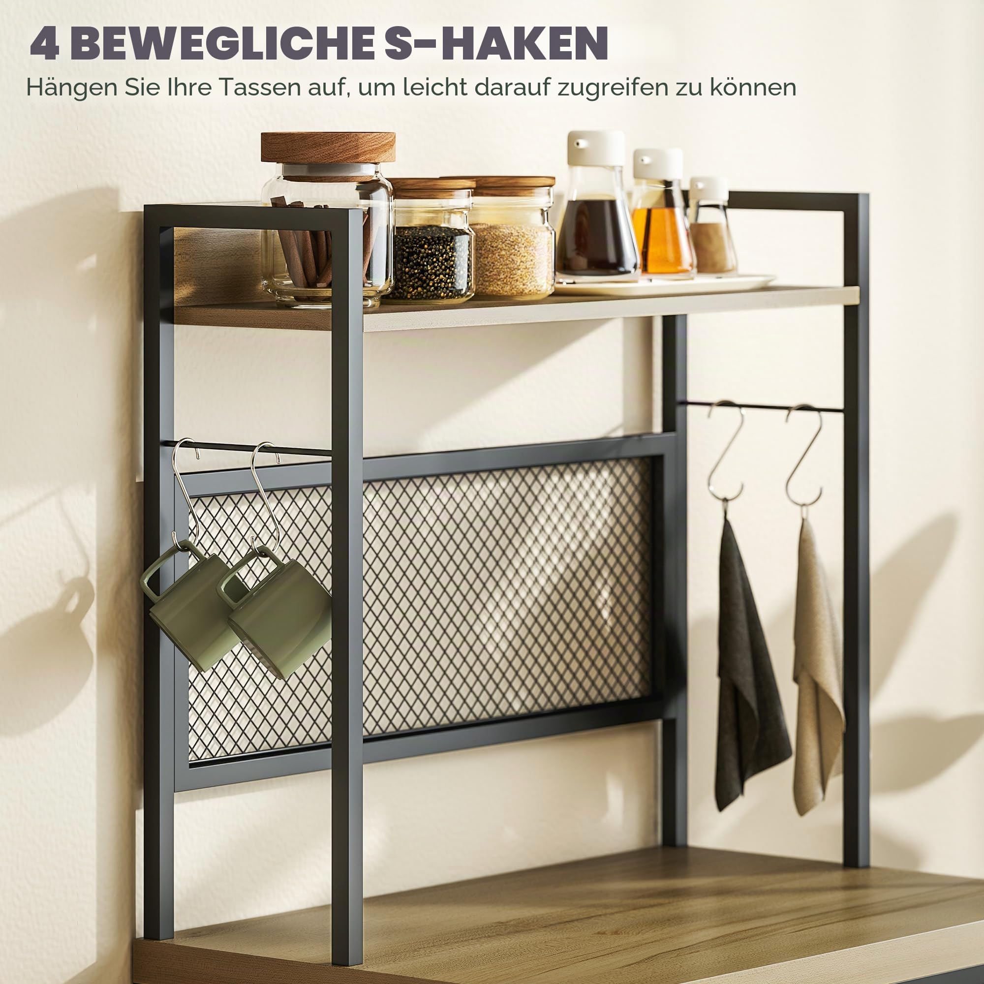 HOMCOM Industrielles Küchenbuffet 60x40x132cm Naturholz | Aufbewahrungseinheit, 3 Schubladen, Arbeitsplatte, Regal, 4 Haken, Mikrowellenschrank, Esszimmer, Wohnzimmer.