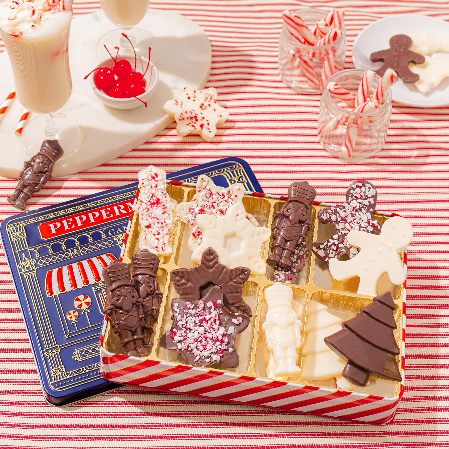 Christmas Peppermint Gift Tin Bark Candy – Fudge Gourmet Holiday Chocolate Gift Basket, Festive Assortment with Nutcrackers, Trees & Gingerbread Shapes – Family, Friends & Coworkers- Bonnie & Pop