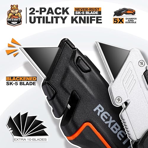 Miniatura 2 de REXBETI SK5 - Paquete de 2 cuchillos utilitarios cortadores de caja retráctiles resistentes para cartones cartón y cajas diseño de almacenamiento de