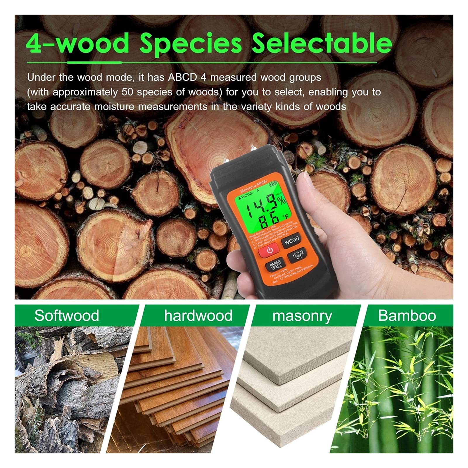 Damp Moisture Tester Detector di umidità con Parete in Legno 3 modalità misuratore Temperatura for Muro di Legno