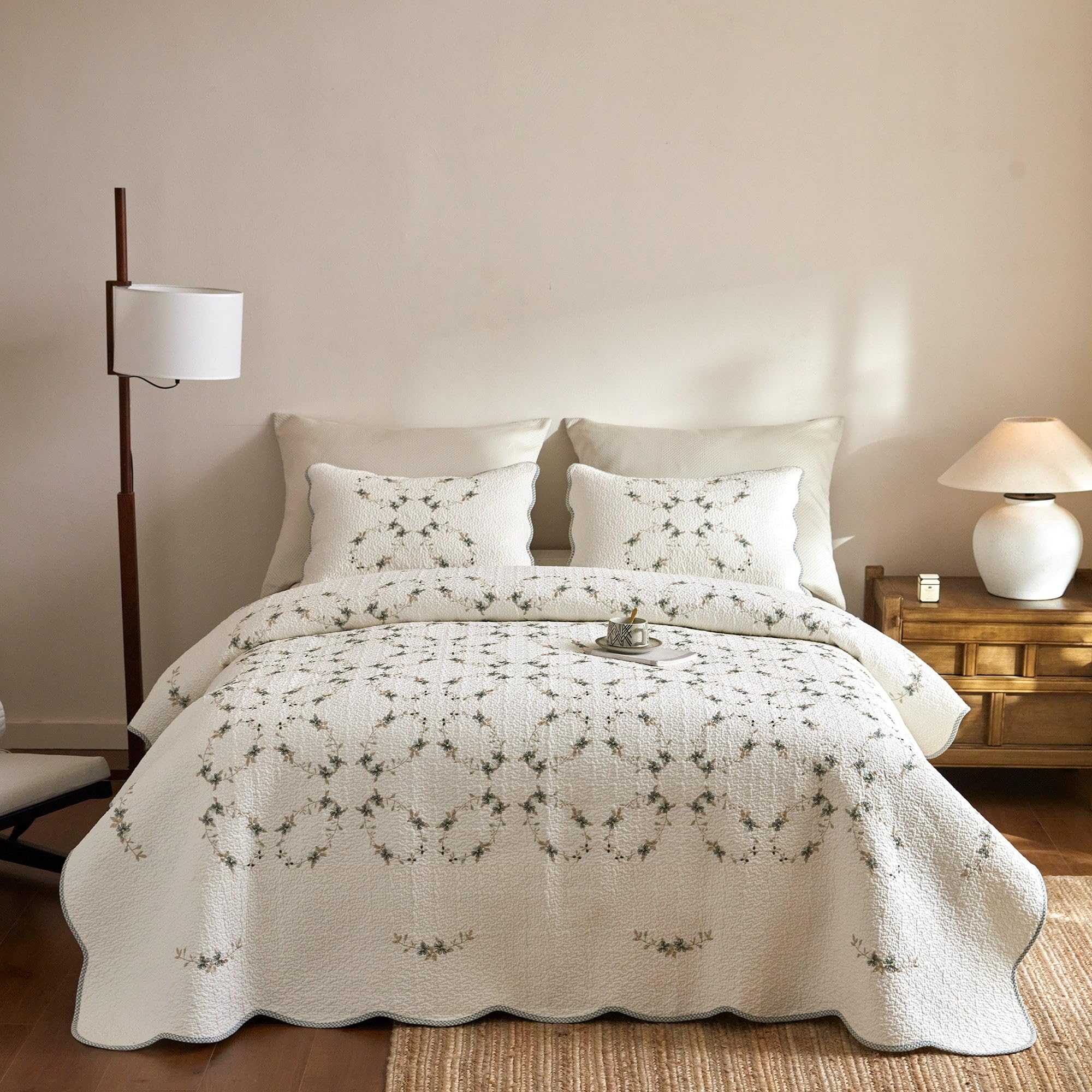 MarCielo 3Pcs Soft Cream Cotton Quilt Bedspread Set European Cottage Style TC153
