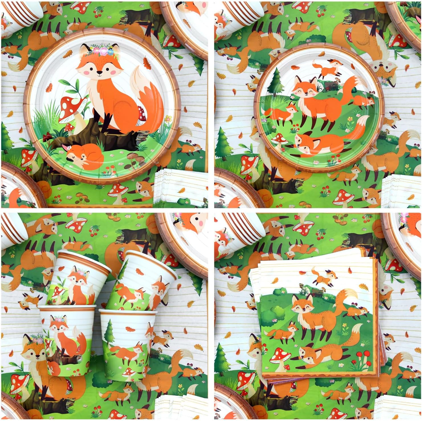 Fox Birthday Party Supplies, Includes Banners, Plates, Cupcake Toppers, Napkins, Cups, Tablecloths, for Girl Boy Fox Theme Baby Shower Birthday Party Decorations Serves 20