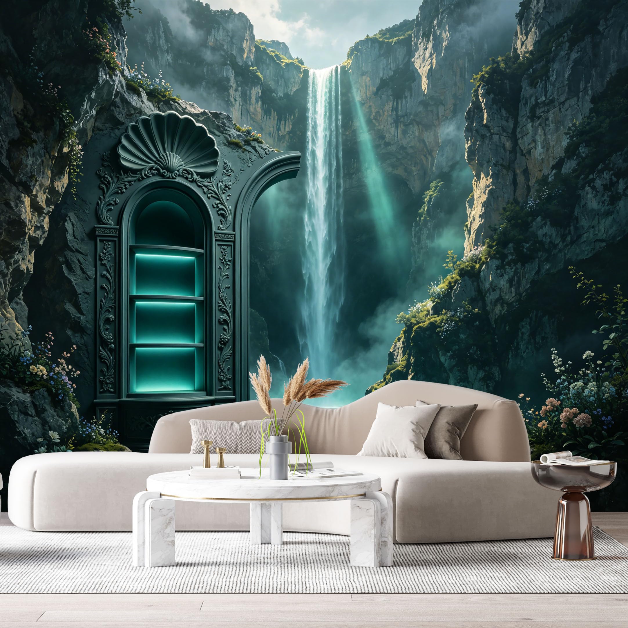 Custom Size Wall Murals Gothic Arch Waterfall Misty Canyon Teal Window 3D Trompe L'Oeil SelfAdhesiveWall Fabric Removable Wallpaper Wall Decor for Living Room Bedroom Bathroom