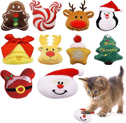 10 piezas de juguetes de Navidad para gatos de interior, regalo interactivo de Navidad, peluche de gatito, masticable, mordedura, juguetes para