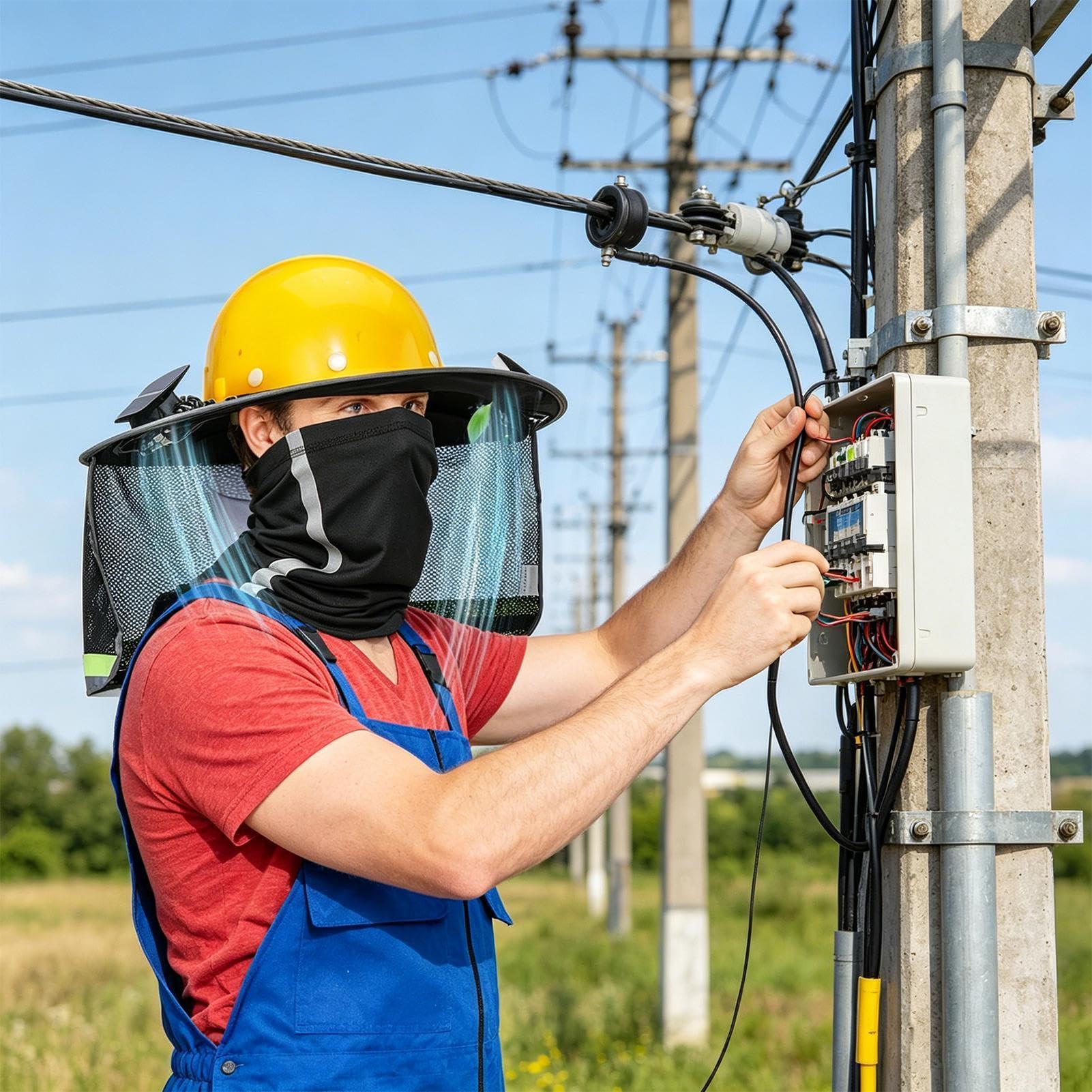 Kask budowlany z osłoną przeciwsłoneczną, oddychająca chusta na szyję, z