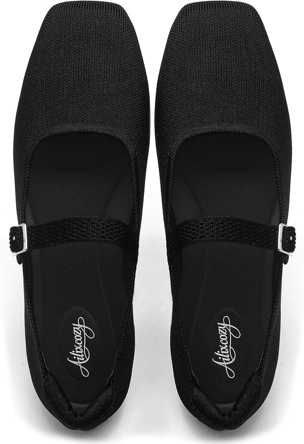 Ballet Flats for Women, Square Toe Mary Jane Shoes Comfortable Dressy Flats Adjustable Straps Washable Knit Casual Office Shoes with Arch Support Latex Insole (Black Size 8)