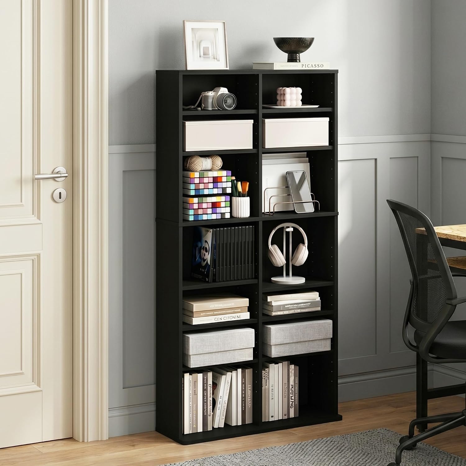 16-Shelf Wide CD Rack, 8 x 2 DVD Storage Cabinets with Adjustable Shelves, Easy Assembly DVD Shelf, Media Shelf for CD Blueray Game Disc, for Home Office, Living Room, Americano