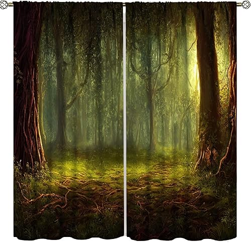 Miniatura 1 de Cortinas de bosque misterioso, luz del sol también bosque tropical, pintura al óleo, estilo dormitorio, sala de estar, decoración impresa, 2