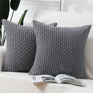 Madizz 2er Set Boho Gestreifte Kissenbezüge Weicher Kord Dekorativer Kissenbezug für Schlafzimmer Sofa Kissenhülle Grau 60 x 60 cm