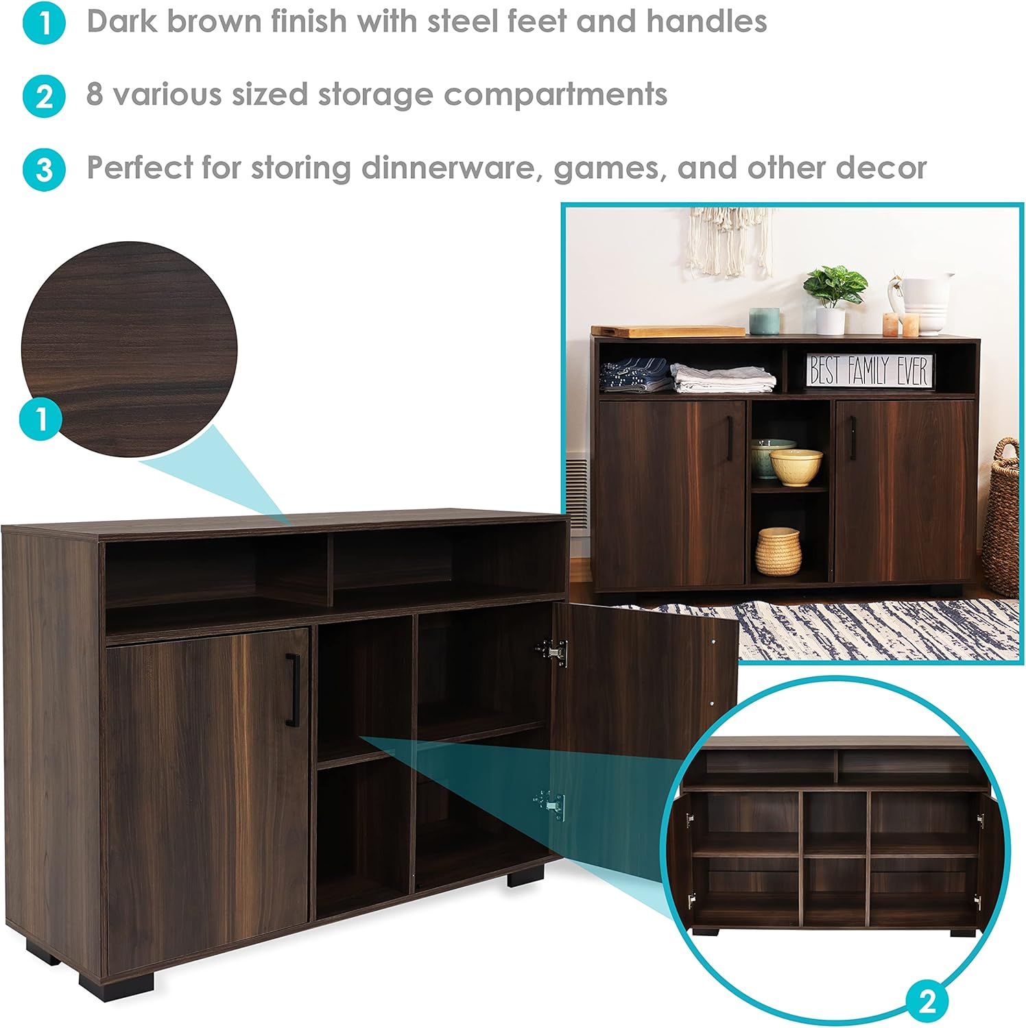 Sunnydaze Anthony 48.5-Inch W Sideboard Buffet Cabinet with Shelves - Coffee Brown