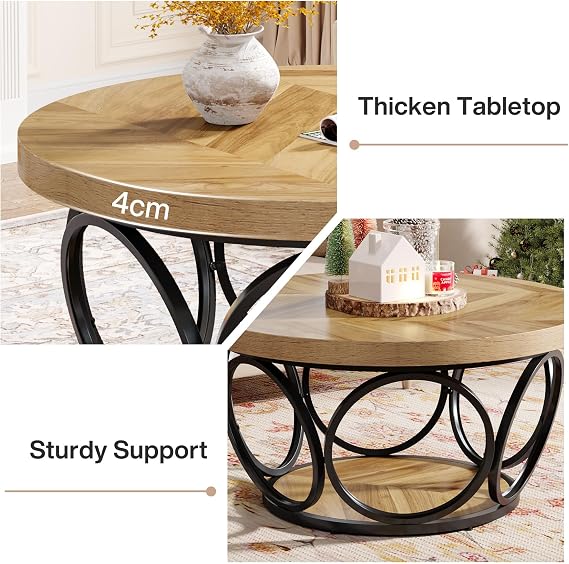 Tribesigns Round Coffee Table,80cm Round Wood Center Table, Farmhouse Large Circle Coffee Tables with 2-Tier Storage, Modern Simple Tea Table (Wooden Grain)
