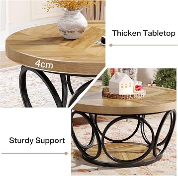 Tribesigns Round Coffee Table,80cm Round Wood Center Table, Farmhouse Large Circle Coffee Tables with 2-Tier Storage, Modern Simple Tea Table (Wooden Grain)