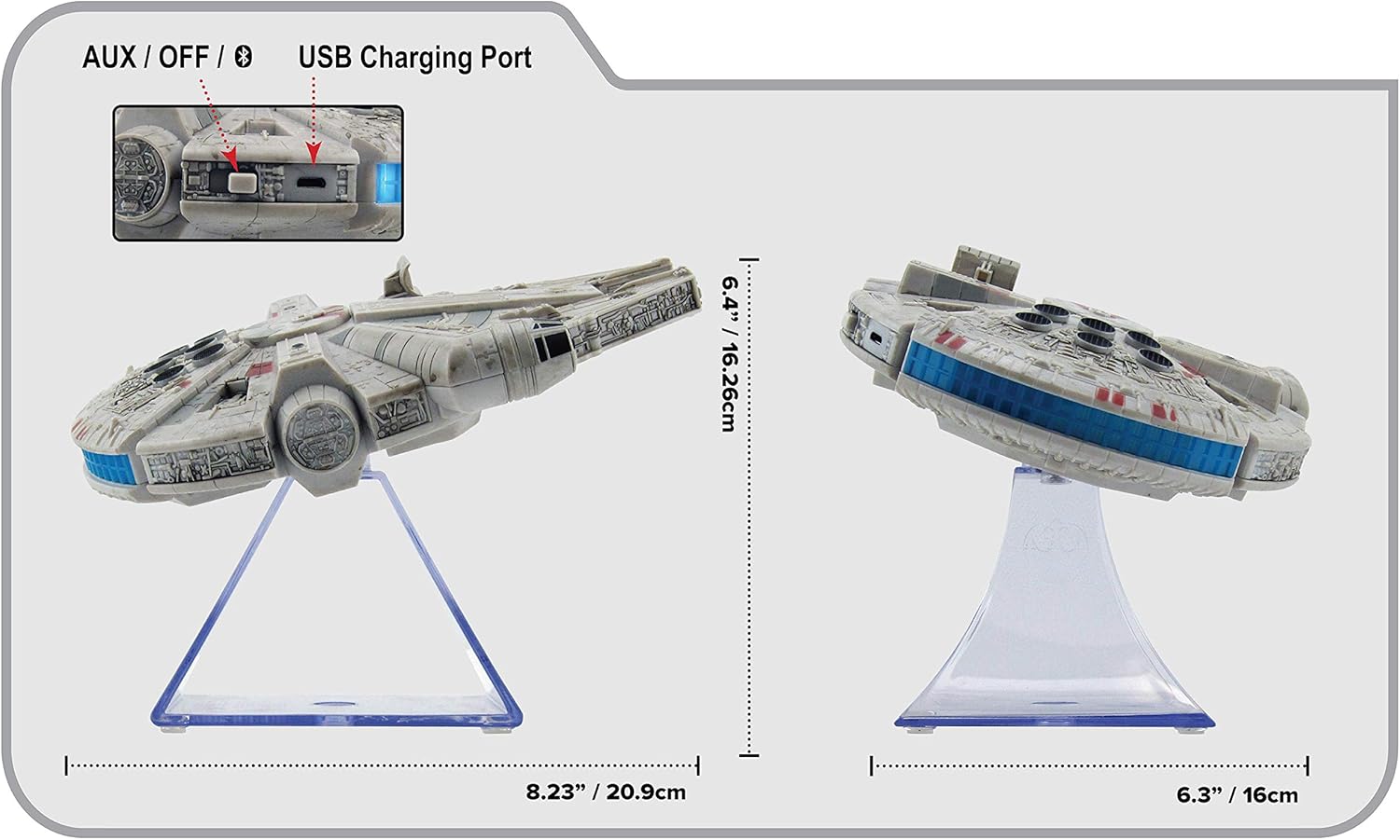 eKids Li-B17 Millennium Falcon Bluetooth Speaker ports and dimensions
