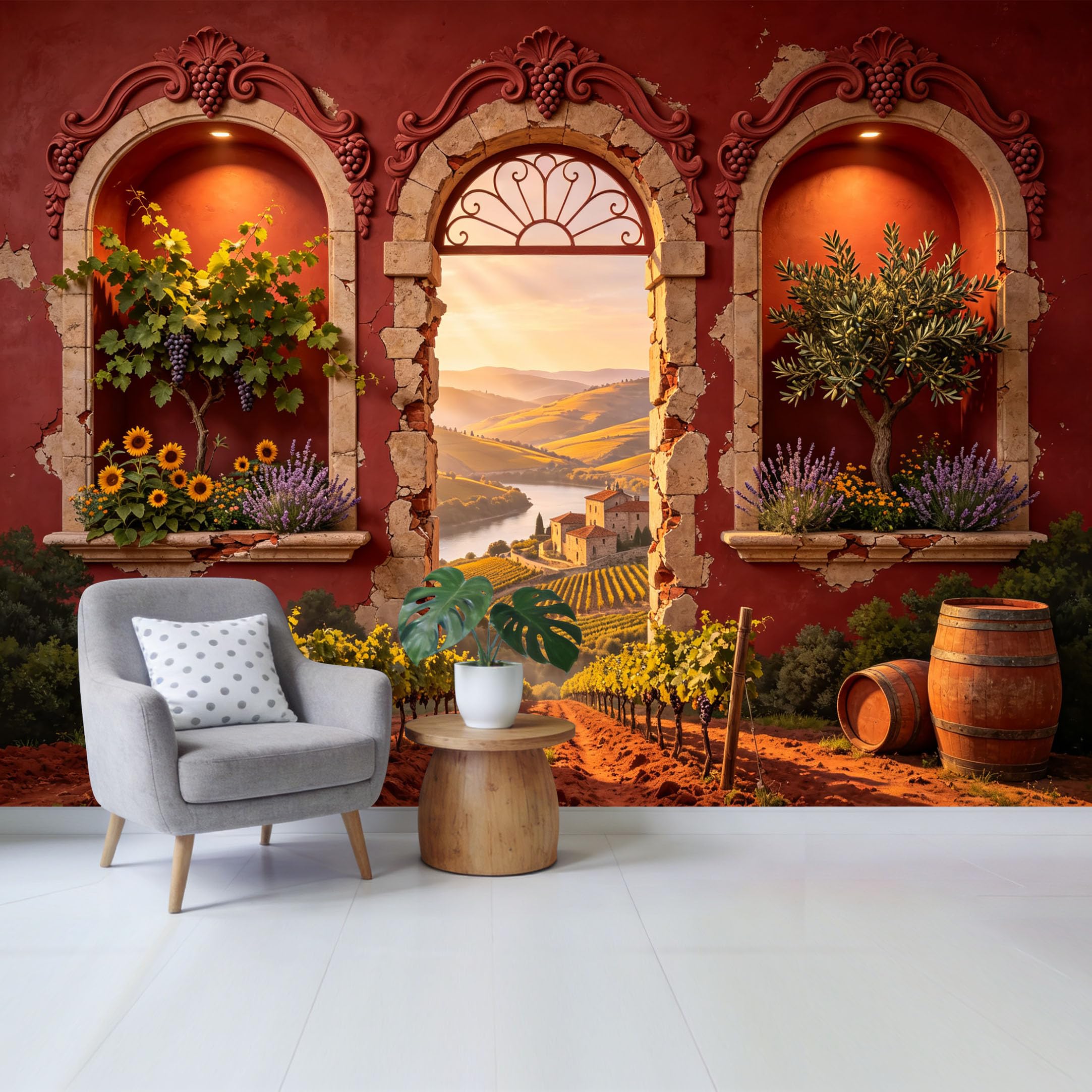 Removable Self Adhesive Fabric Mural， Tuscan Vineyard Landscape Custom Size Wall Covering， UV Protected Waterproof Washable Wall Decor for Living Room Bedroom Bathroom