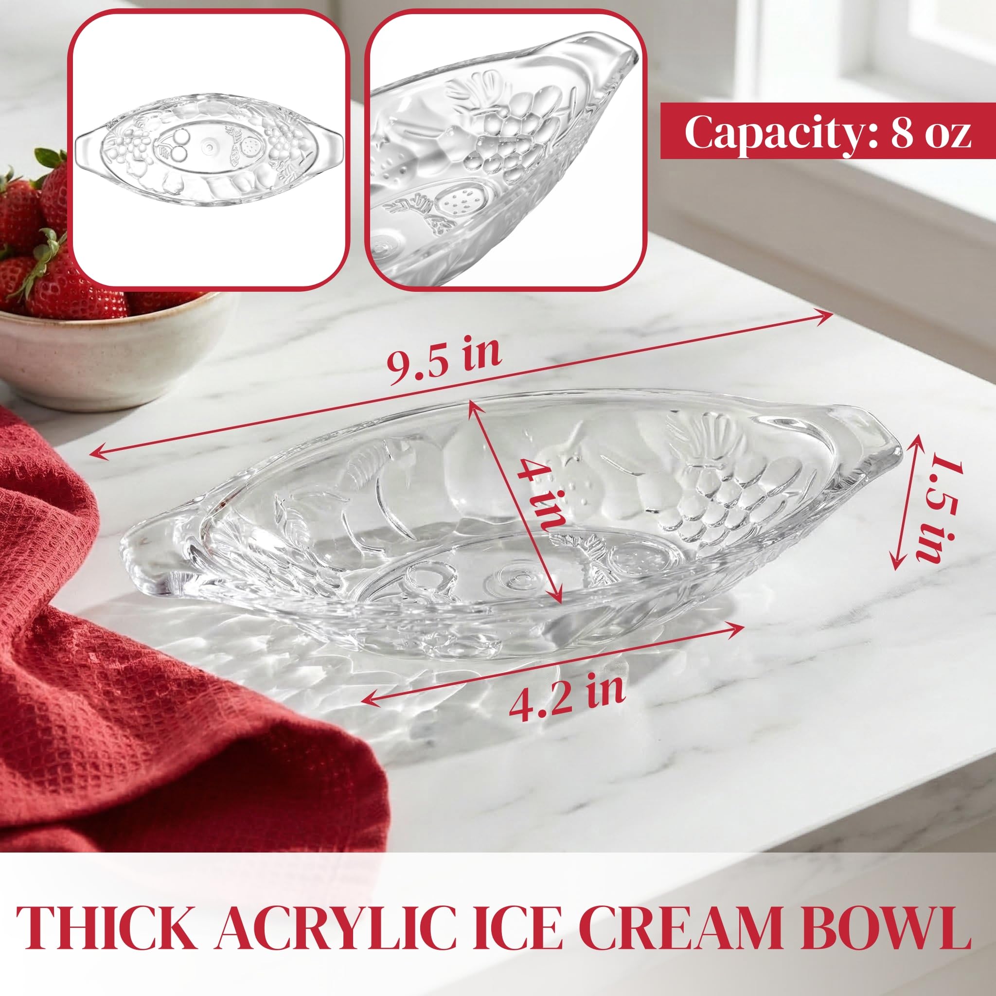SOUJOY Lot de 8 assiettes bateau en acrylique transparent de 236,8 g - Plat de service à sundae pour banane, crème glacée, fruits, yaourt, brownies, collations