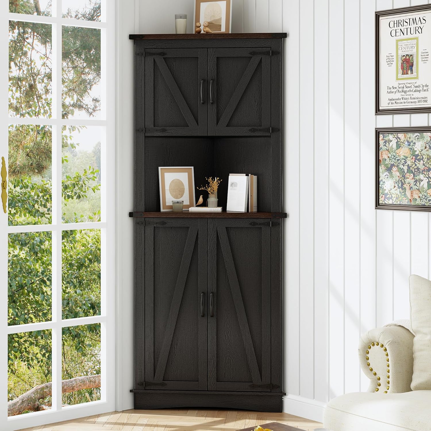 chartustriable 68" Tall Farmhouse Corner Cabinet, 28.3" Corner Storage Cabinet with 4 Doors and Adjustable Shelves, Tall Barn Door Cabinets with 5 Storage Shelves, for Kitchen, Bathroom, Black