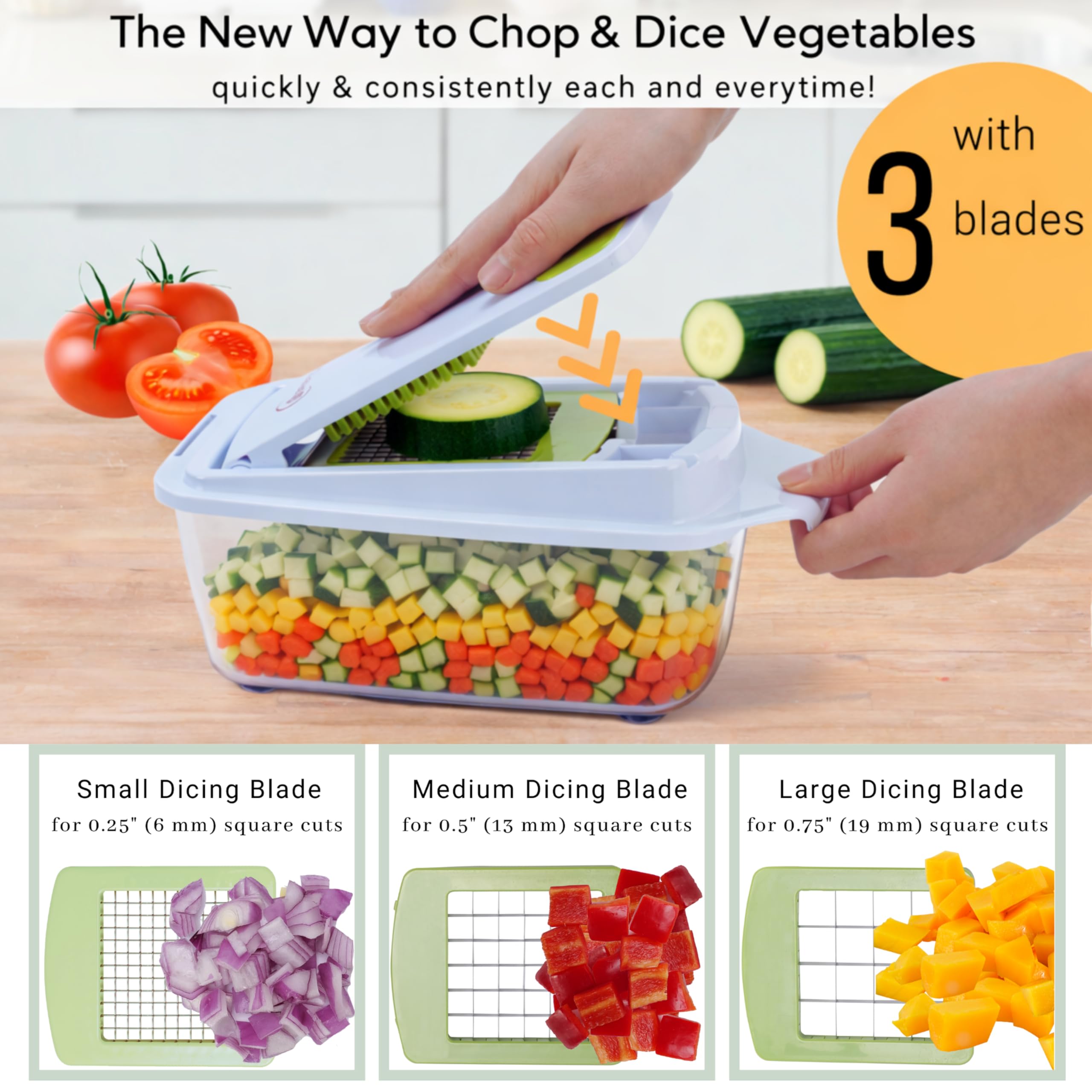 Cortador de alimentos Brieftons QuickPush, White Green, 3 Blades
