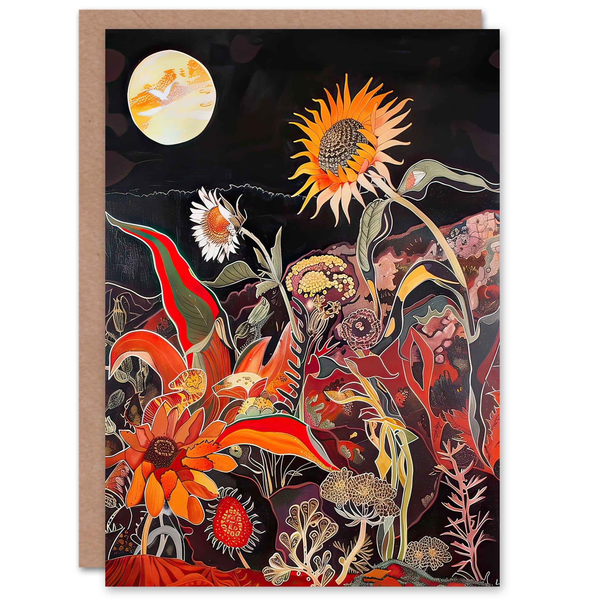 Artery8 Greeting Card Trippy Sunflowers at Sunset Design Psychedelic Blank For Him Or Her Art Birthday Card