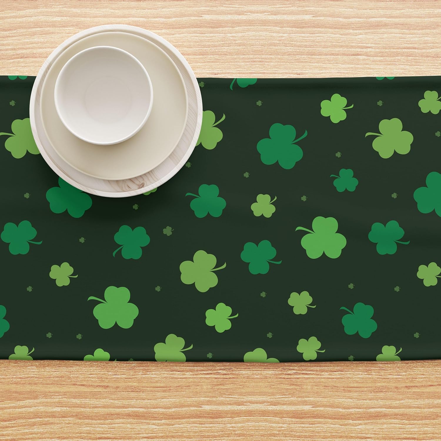 St. Patrick's Day Table Runner 14 x 108 Inches, Tossed Shamrocks Deep Forest Green, 100% Spun Polyester, Machine Washable, Made in USA