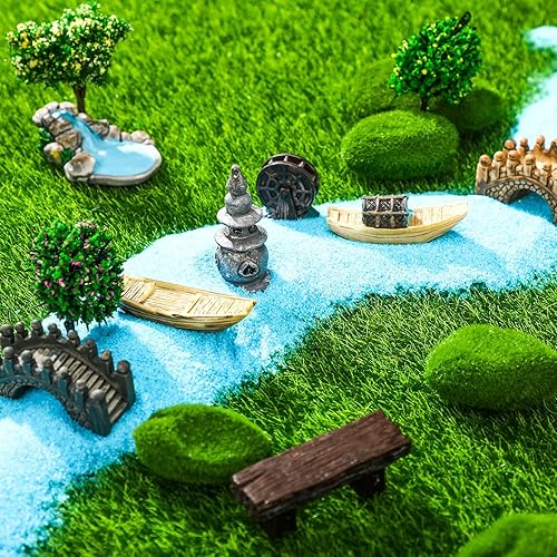 Miniatura 3 de BBTO 24 piezas de accesorios de jardín de hadas, miniaturas de arquitectura, estanque de hadas, hierba, barco, puente, silla, figuritas