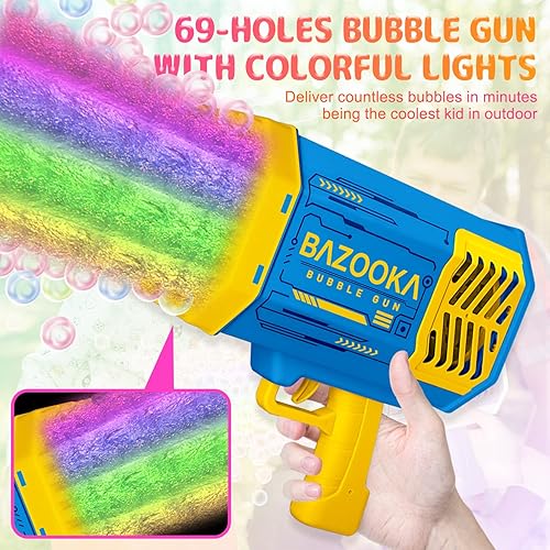Miniatura 4 de Bubble Machine, 69 Holes Bubble Maker with Colourful Flash Lights, TIK Tok Bubble Rocket Machine for Kids Toddlers Adults, Bubble Blower Launcher