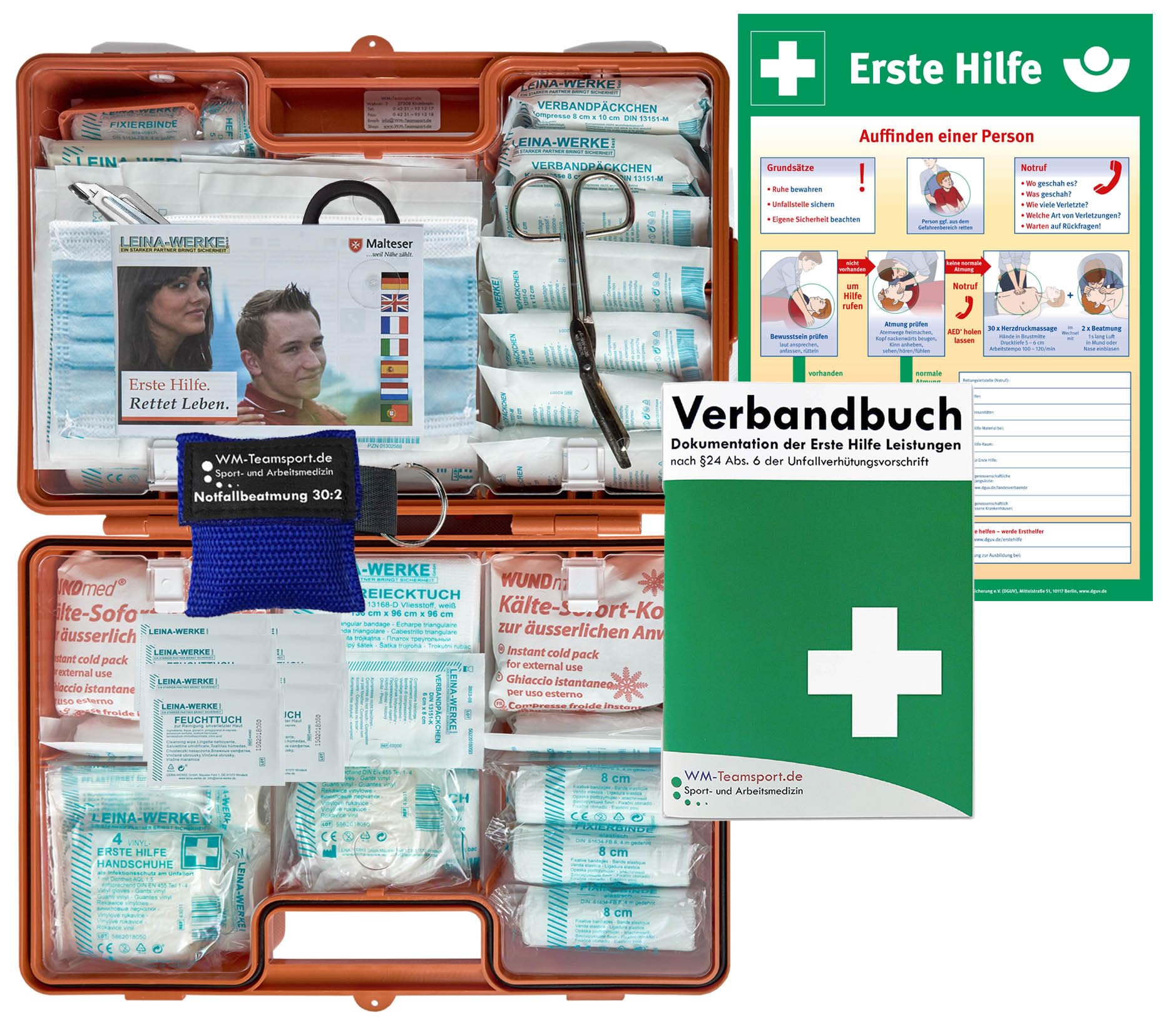 Verbandskoffer/Verbandskasten (G) Typ N -Paket 2- Erste Hilfe nach AKTUELLER DIN 13169 für Betriebe INKL. Verbandbuch + Notfallbeatmungshilfe & AUSHANG