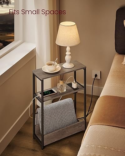 Miniatura 5 de VASAGLE Mesa auxiliar con estación de carga, mesa auxiliar estrecha, mesita de noche de 3 niveles, mesa de sofá para espacios pequeños, revistero,