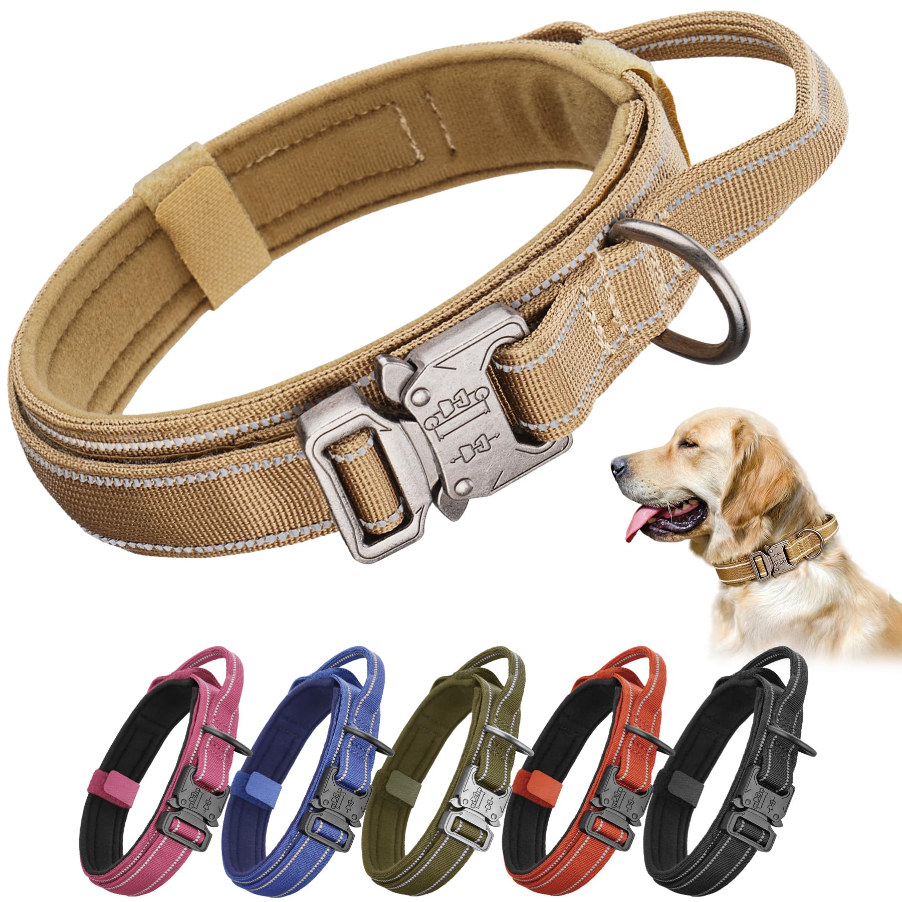 KCUCOP Tactical Dog Collar for Medium & Large Dogs - Military Nylon Heavy Duty Collar with Handle, Reflective Strip & Metal Buckle for Training,