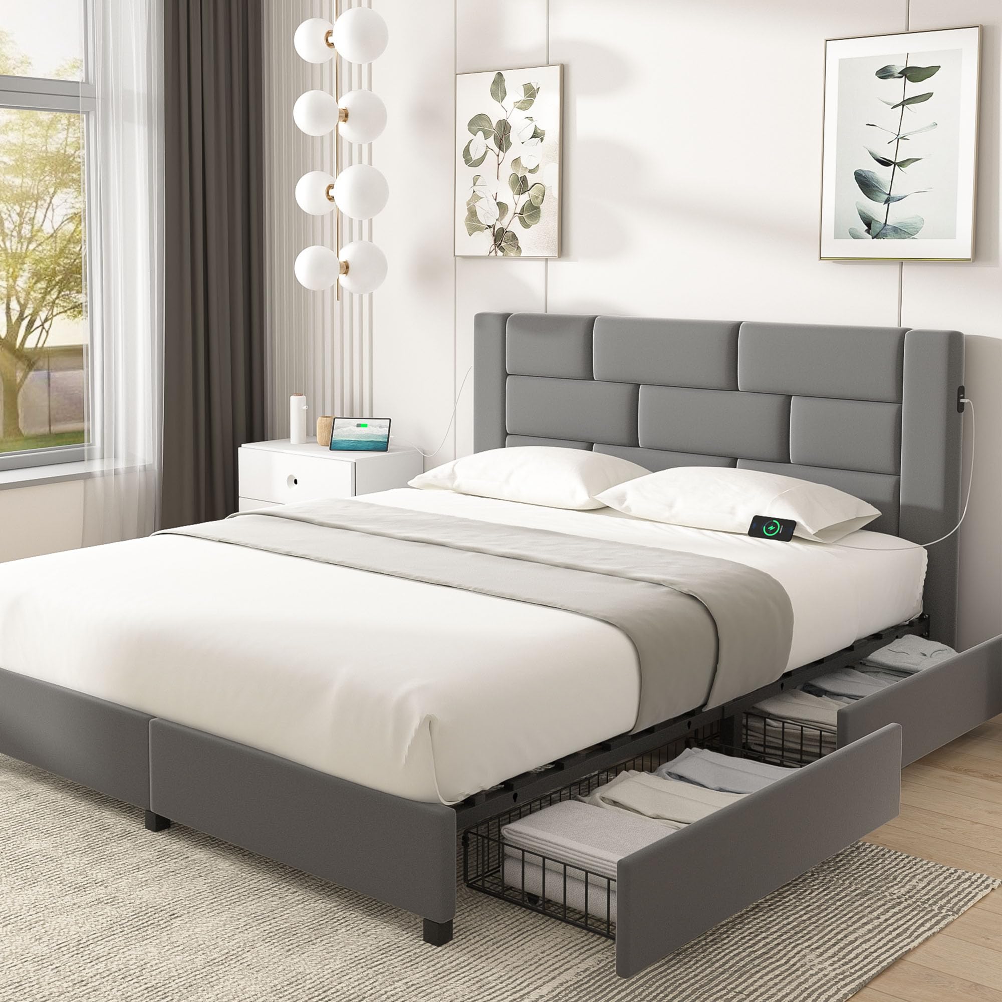 VECELO Full Bed Frame with 4 Storage Drawers, Upholstered Platform Beds with Velvet Headboard and Charging Station-Ports for USB and Type-C,