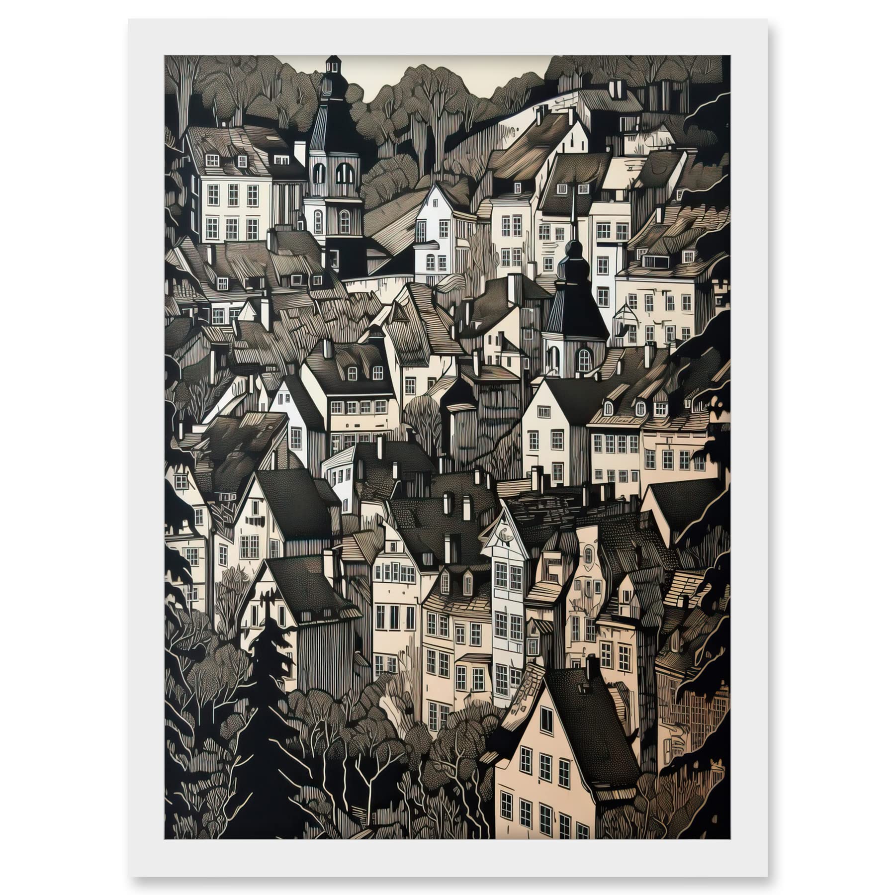 Artery8 Black Forest City Baden Monochrome Cityscape Artwork Framed A3 Wall Art Print