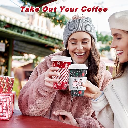 Miniatura 5 de Paquete de 50 tazas, tapas y fundas desechables de Navidad para cacao caliente, chocolate, bebidas, suministros para fiestas navideñas
