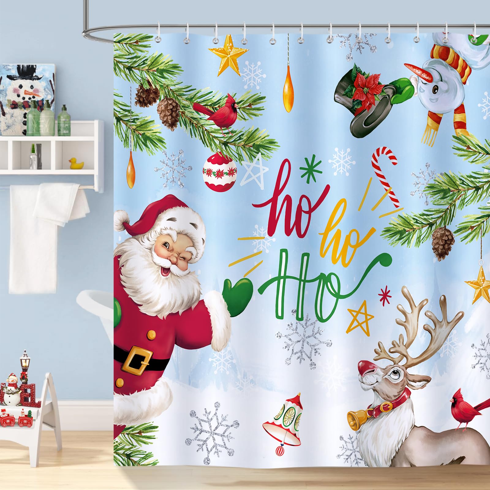 Bonhause Christmas Shower Curtain 180 x 180 cm Reindeer Santa Claus Hoho Bathroom Curtain Waterproof Mildew & Mould Resistant Polyester Fabric Bath Curtain with 12 Hooks - Image 2
