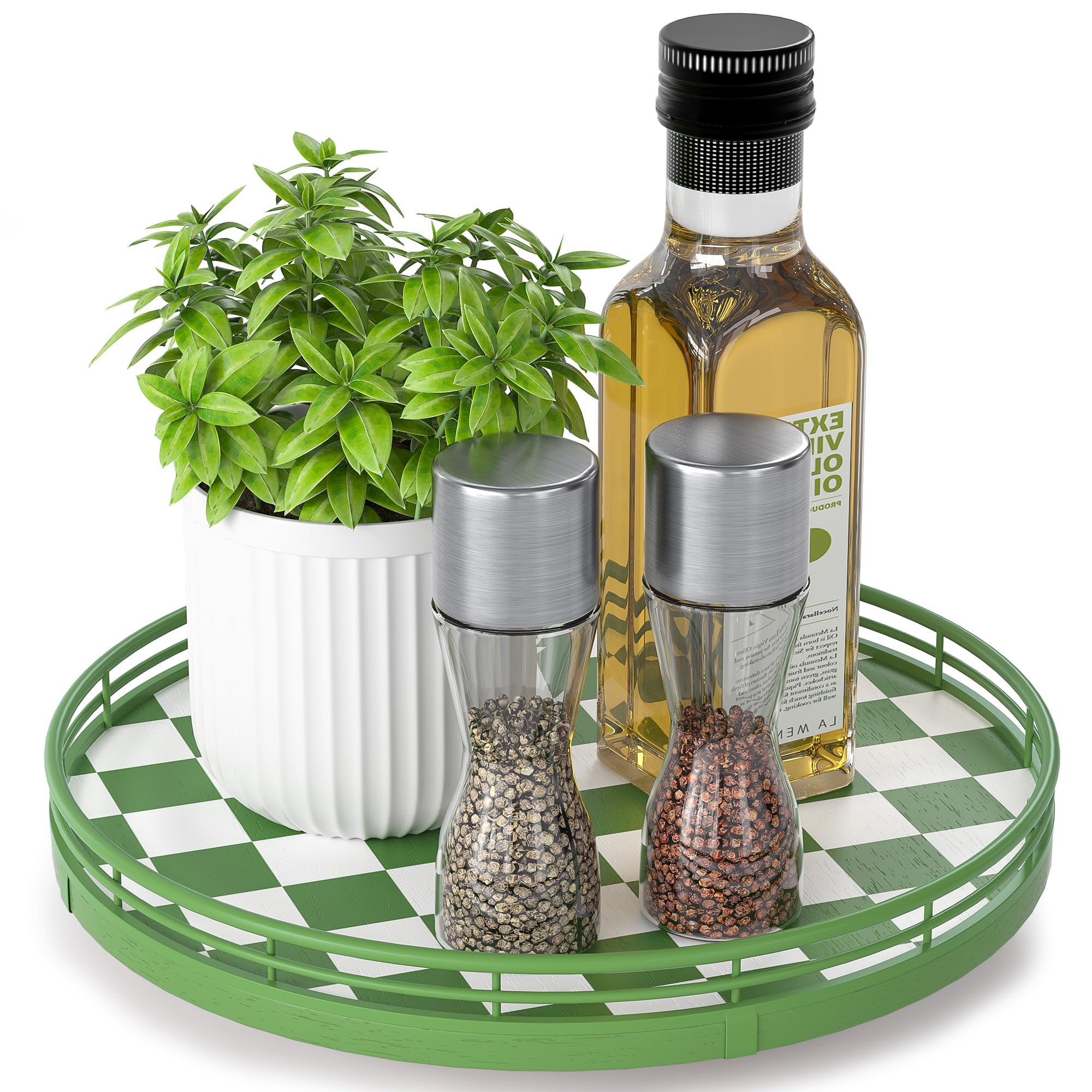 Green and White Checkerboard Lazy Susan with Rubberwood Base and Metal Rail