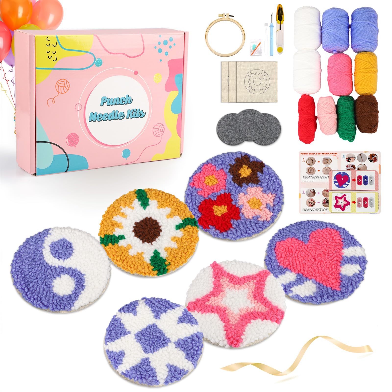 CEOVR Punch Needle Coasters Kit,DIY Embroidery Kits,Complete Kit for Adults Beginners 10x10 cm,Geometric Flowers Needle Punch Coasters Kit for Car Drinks