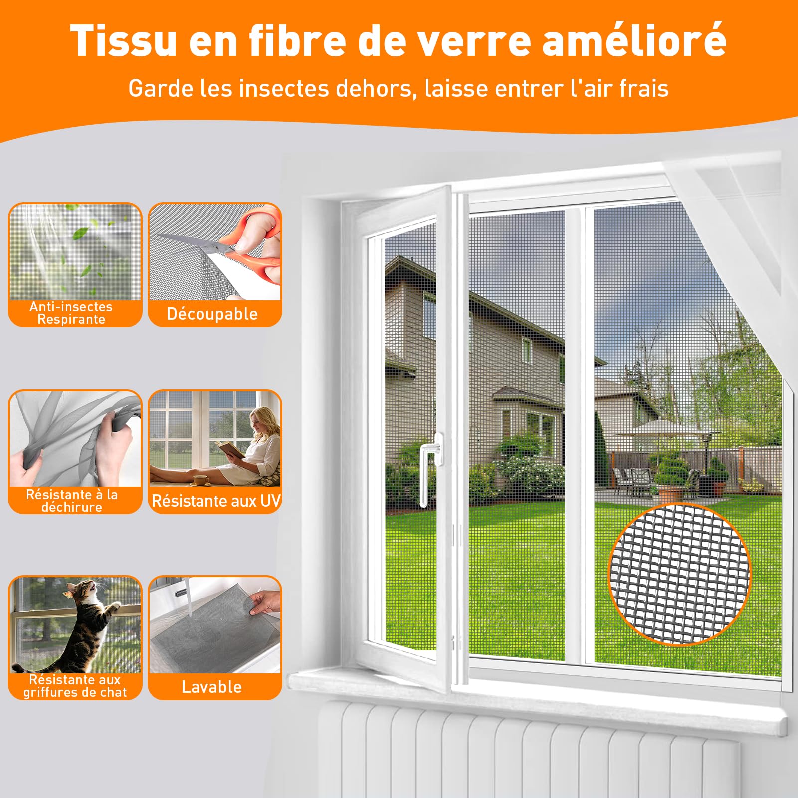Moustiquaire Fenêtre sans Perçage, 120x130cm, Retire Sans Traces | Filet en Fibre de Verre Anti-Insectes, Résistante aux Intempéries, Bande Auto-Collante, Découpable à la Dimension Souhaitée