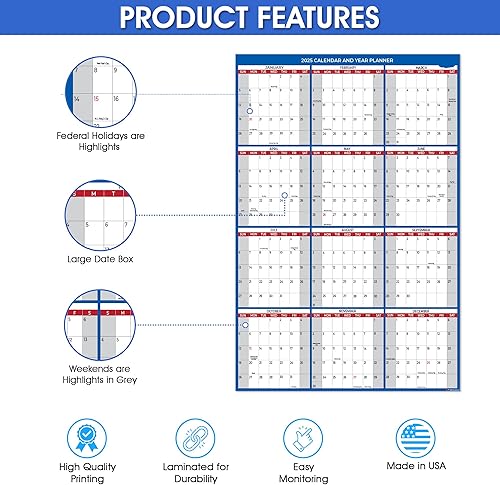 Miniatura 10 de Calendario de pared mensual 2024 grande laminado de borrado en húmedo y seco, tamaño 18 x 12 pulgadas, planificador de pared anual anual de 12