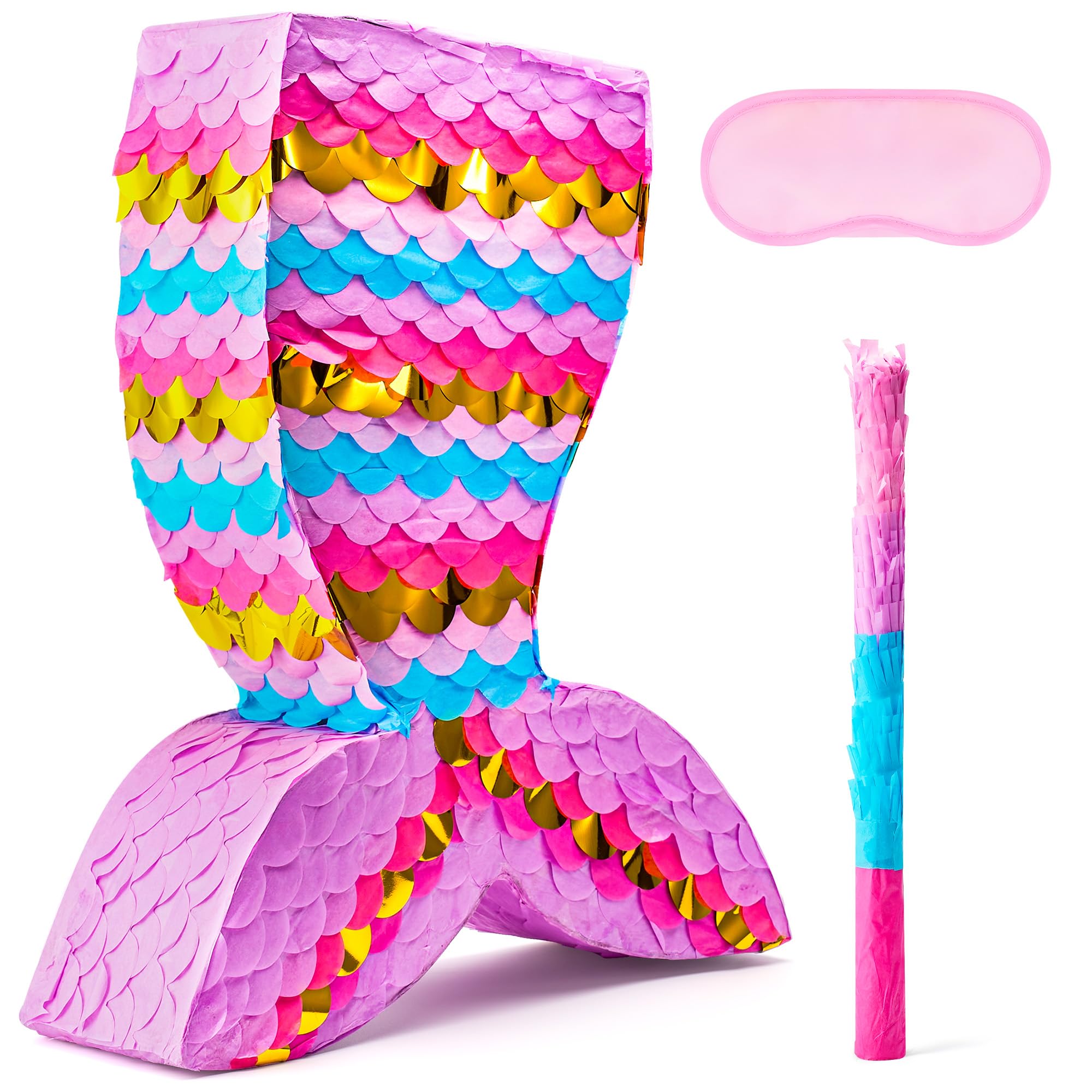 Mermaid Tail Pinata with Plastic Bat and Paper Blindfold for Fun Fiesta Taco Party Supplies, Photo Props, Mexican Theme Decoration, Carnivals Festivals, Girl Kids Birthday Parties 13W x 15.7H