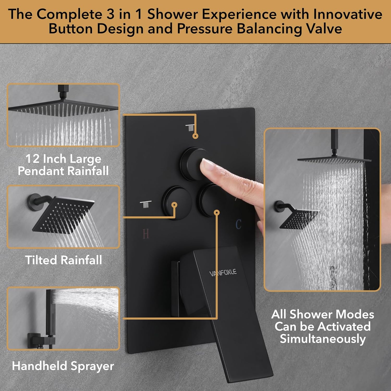 VANFOXLE Shower Faucet Set Matte Black Shower System,Push Button Diverter Shower Faucet with 2 in 1 Handheld,Ceiling Mount Increased Thickness 12 Inch Shower Head with 6 Inch Wall Mount Shower Head