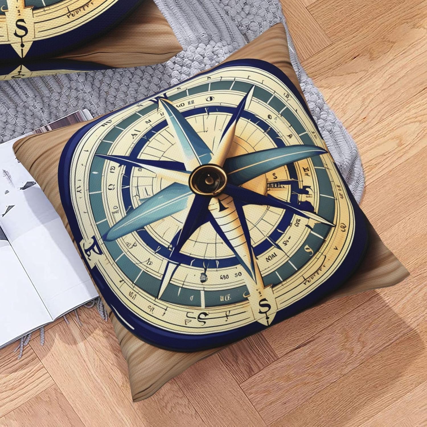 Maritime Sailboat Compass Imitation Linen Pillowcase -2 Sets, Fashionable Home Decoration, Used for Sofas, Gardens, beds