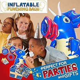 INFLATABLE DUDES Dinosaur 47 Inches- Kids Punching Bag| Already Filled with Sand |Triceratops Bop Bag |Ring Toss with 3 Inflatable Rings| | Ride-on Toy + Handles| Punching Bag for Kids -(Tops)