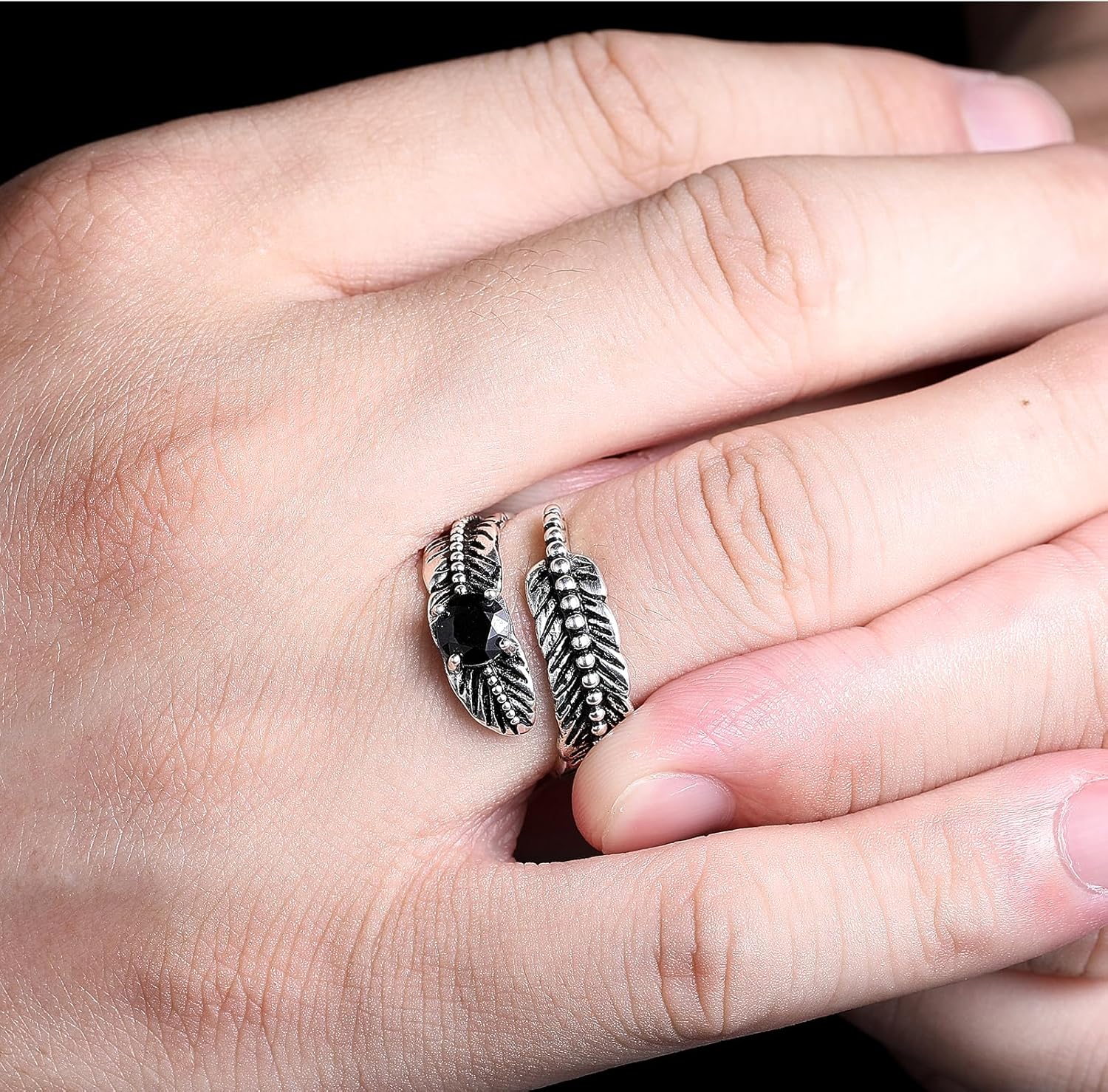 AVECON Sterling Silver Feather Ring with Black Onyx & Turquoise - Adjustable Stacking Vintage Statement Ring for Women & Men