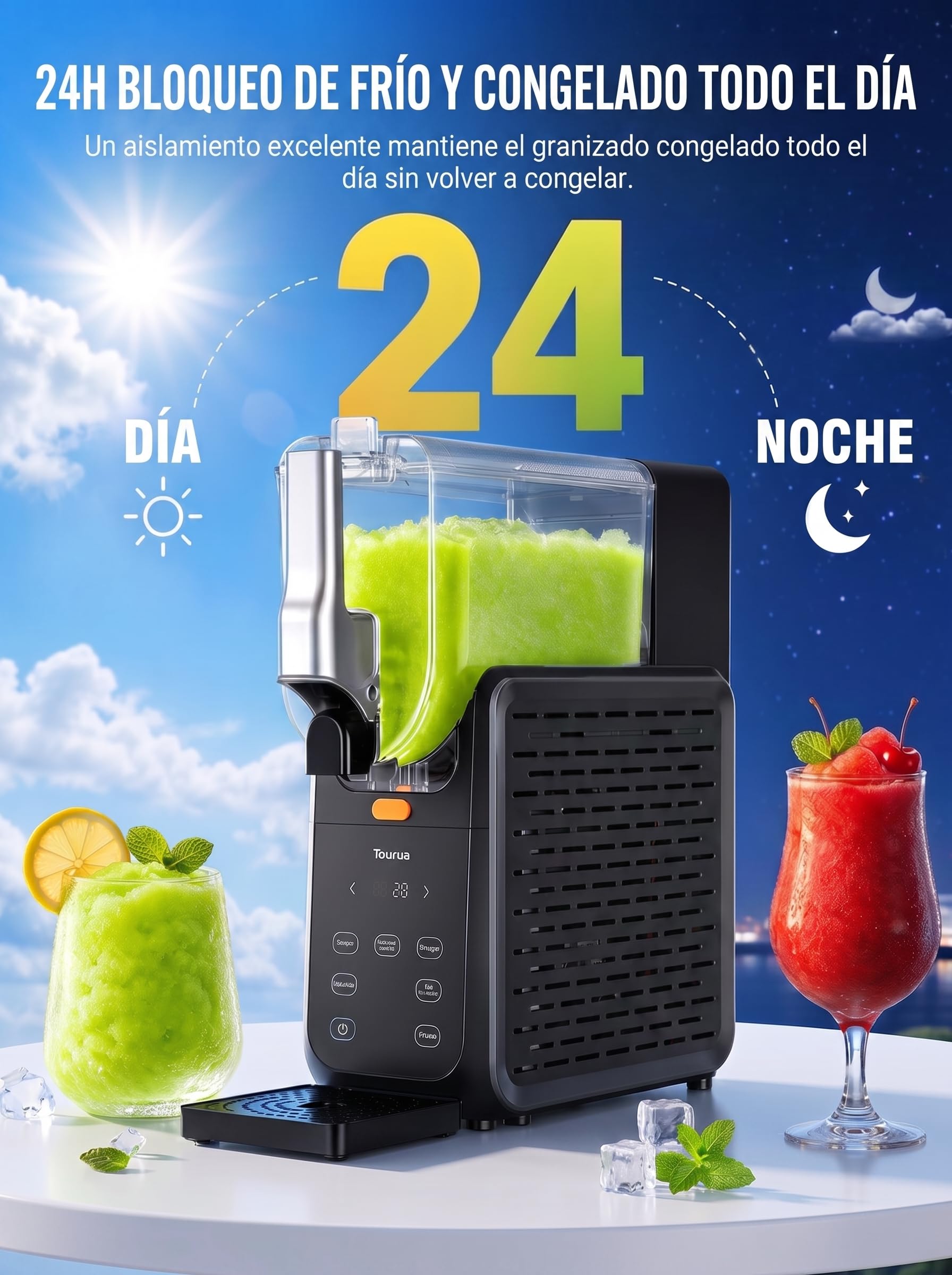Máquina para granizados, depósito grande de 2,8 L, enfriamiento rápido de 15 minutos, retención de frío 24 horas, autolimpieza con un botón, 5 programas, máquina de hielo multifunción para