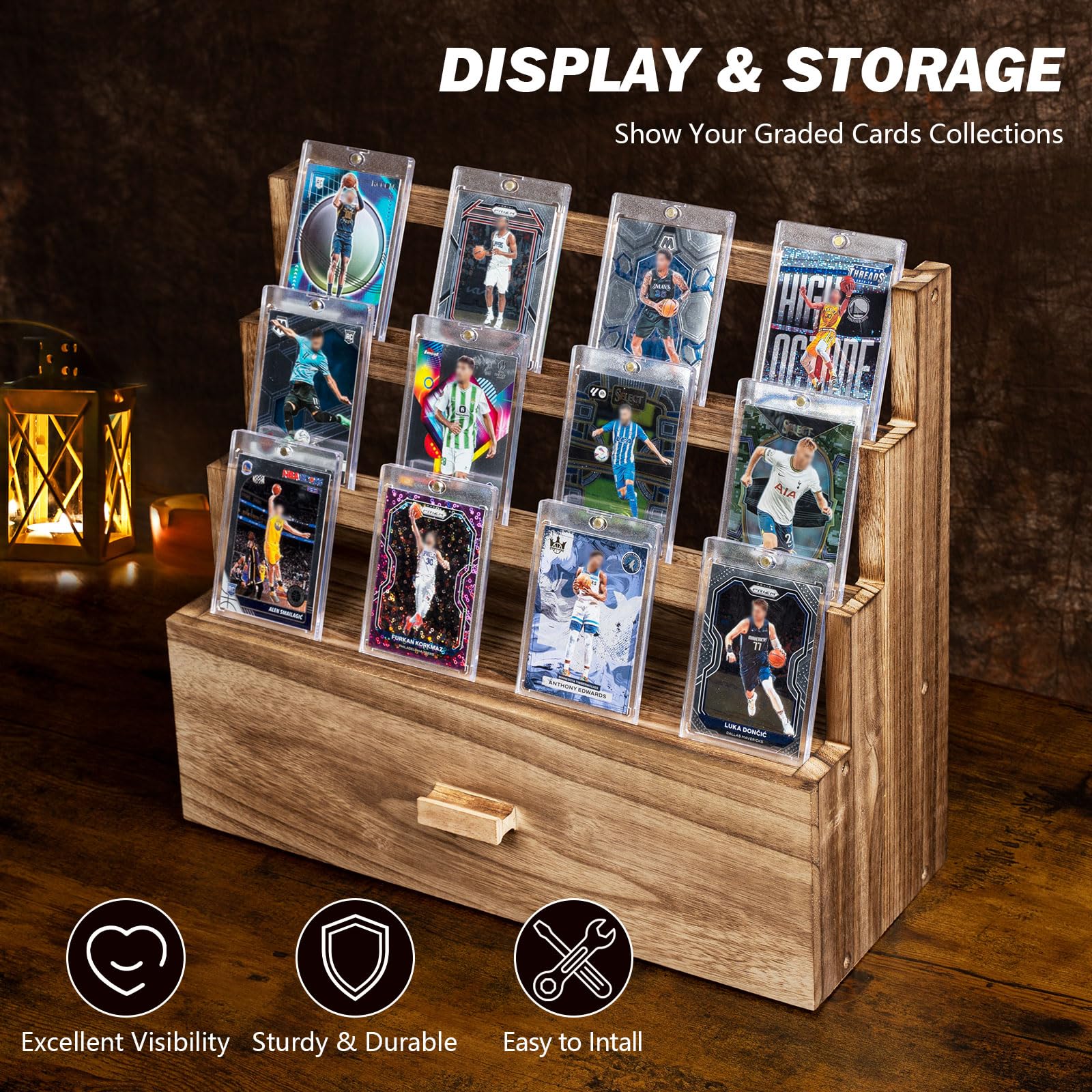 Amazon.com: Emfogo Trading Card Display, 3-Tier Card Display Case with  Custom Drawer, Wood Graded Card Display with Supporters and Dividers,  Sports Card Display Case (Brown) : Toys & Games
