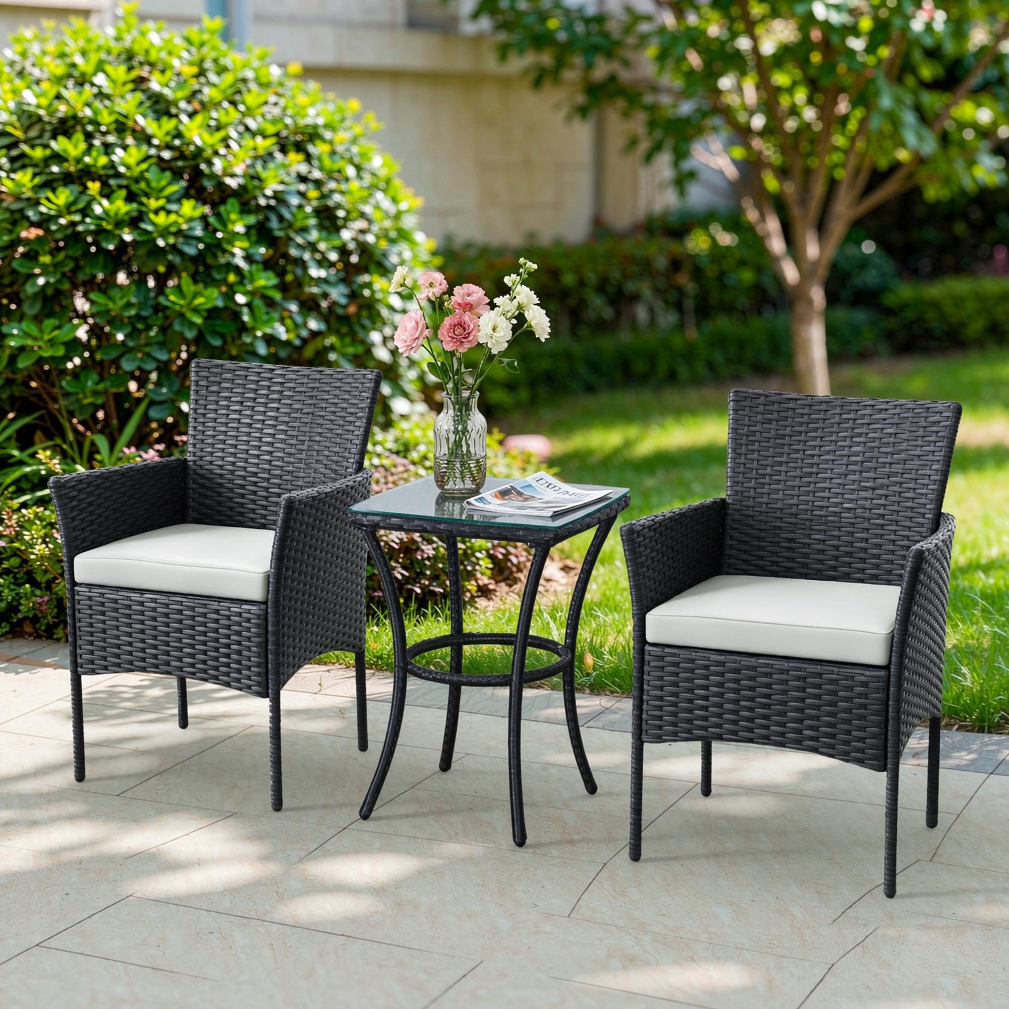Yaangagpe 3 Pieces Rattan Bistro Set for 2 Garden Table and Chairs Black