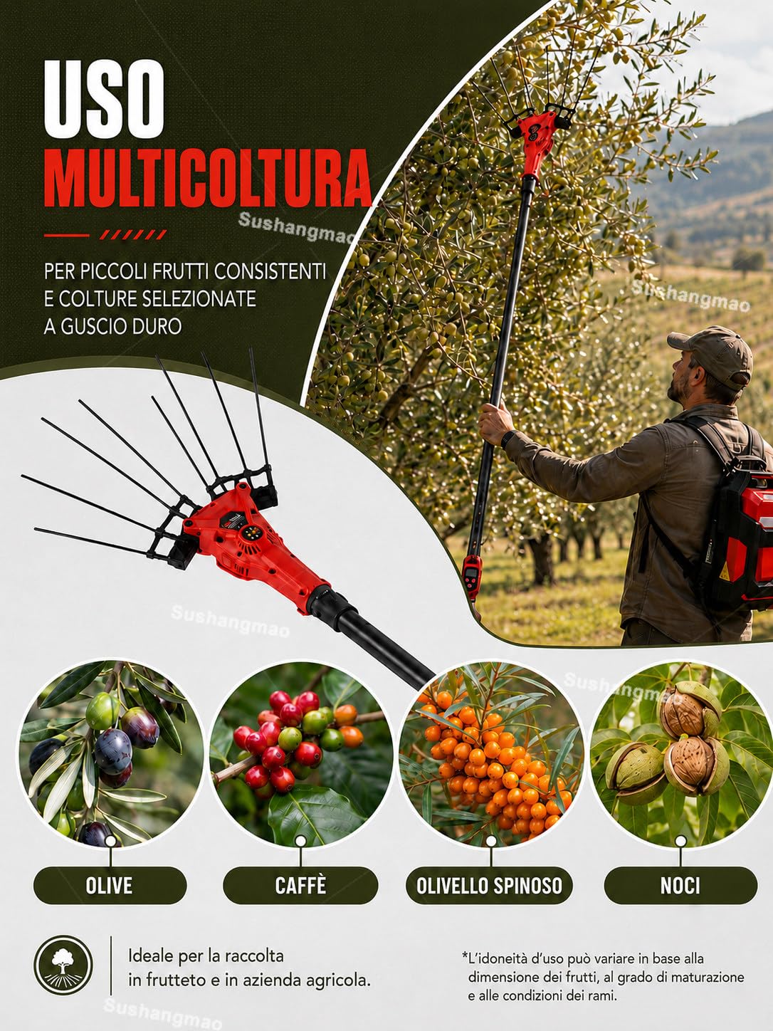 Macchina Raccolta Olive 250W/600W, Asta 2-3 m e Batteria Zaino 600w