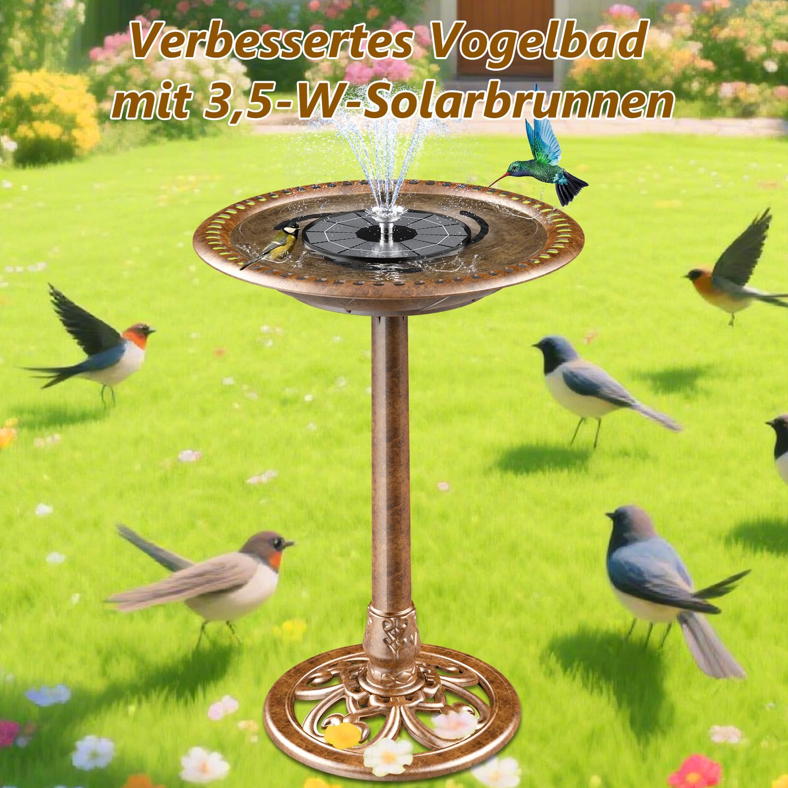 AISITIN Vogeltränke mit 3,5W Solar Springbrunnen, Futterplatz,Garten,Balkon Dekoration, Vogelbecken Vogel Futterstelle Tränke Bad für Balkon Terrasse Gartendeko Vogelbecken Bronzen Kunststoff Bronze