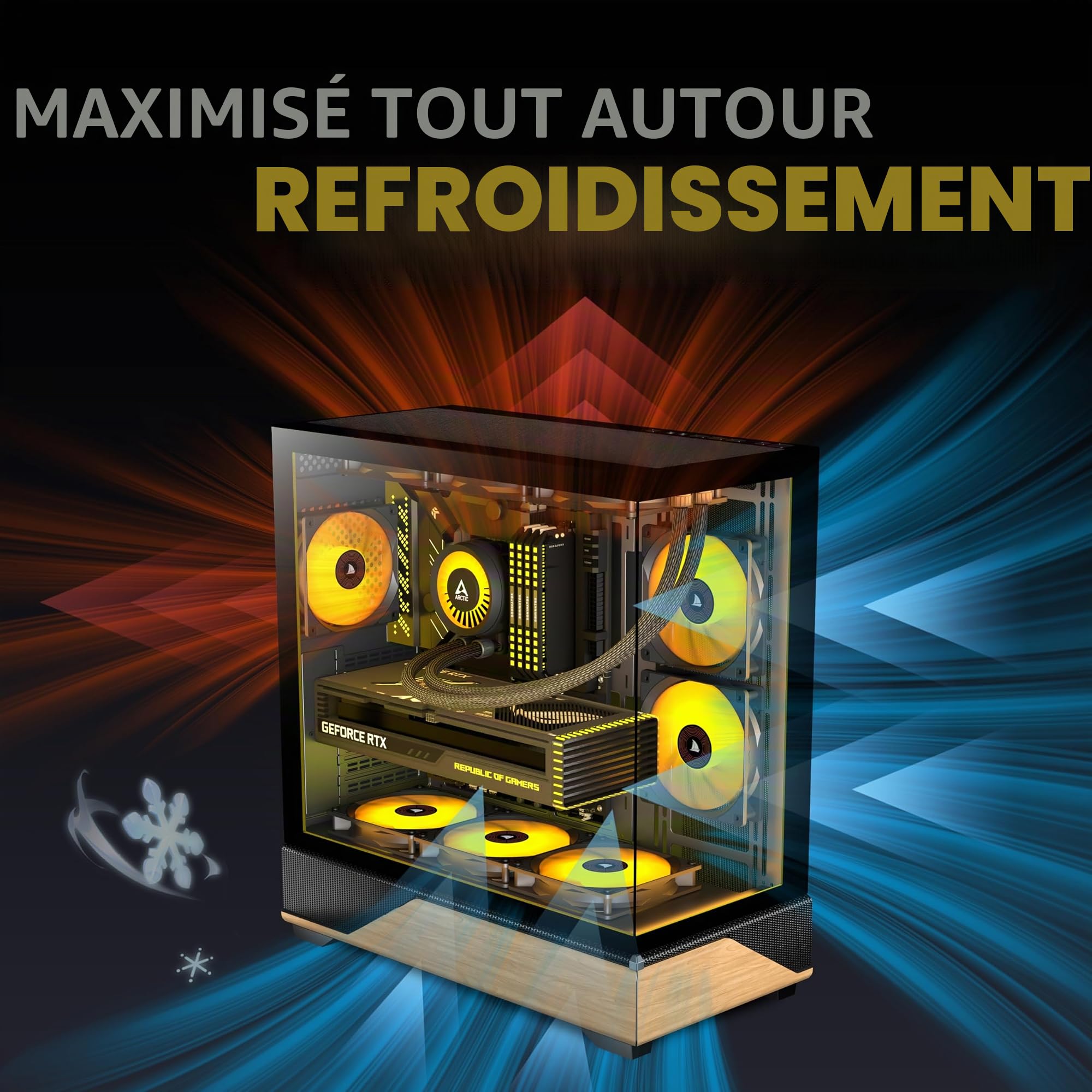 KEDIERS ATX Boîtier PC de tour moyen, 5 ventilateurs ARGB PWM de 120 mm pré-installés, panneaux en bois de noyer imprimés, verre trempé panoramique, compatible avec la carte mère à connexion inversée