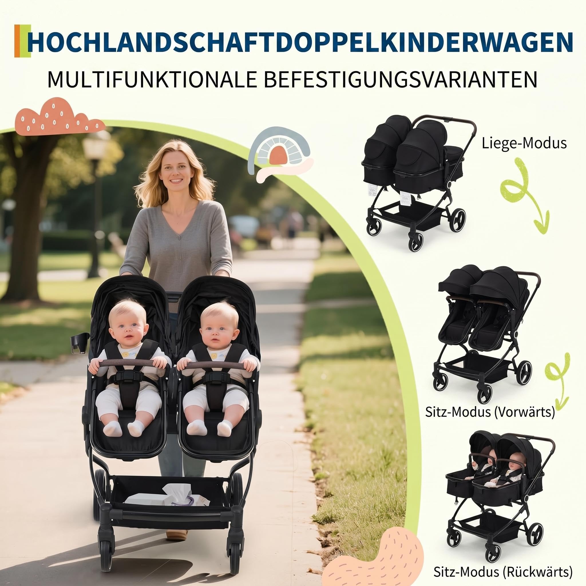 GarveeHome Geschwisterwagen Duo Side by Side Für Zwillinge, Leichter, Kompakt Faltbarer Zwillingskinderwagen Mit Hohem Babywagen Gestell, Verstellbarem Sonnendach & Liegeposition Für Kleinkind