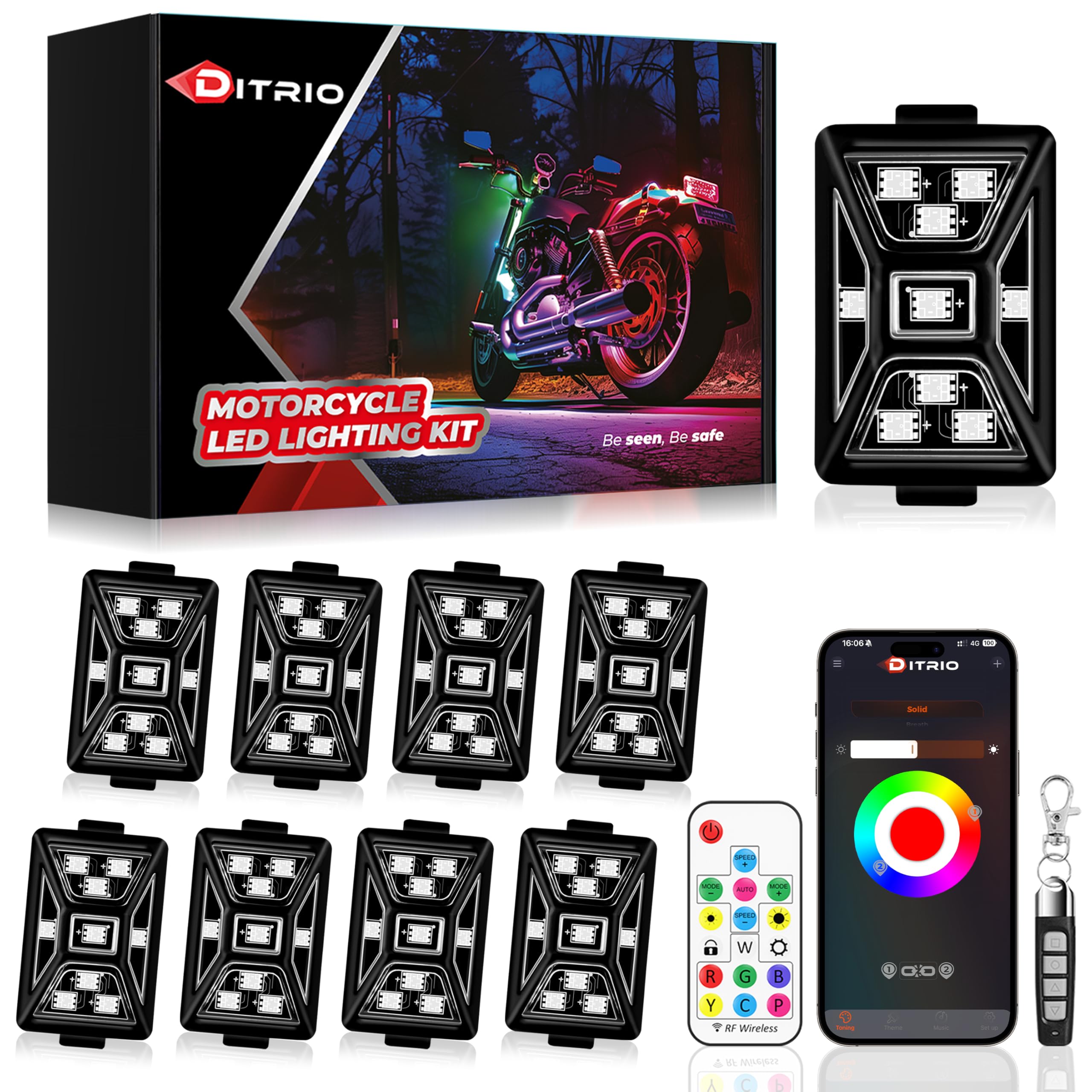 8PCS 5 Sides Full Angle RGB Motorcycle LED Underglow Kit with APP and 2 Remote Control,Brake Light Bright Waterproof Music Mode Easy Install Underglow Lights, Fit for Most Motorcycles Scooter